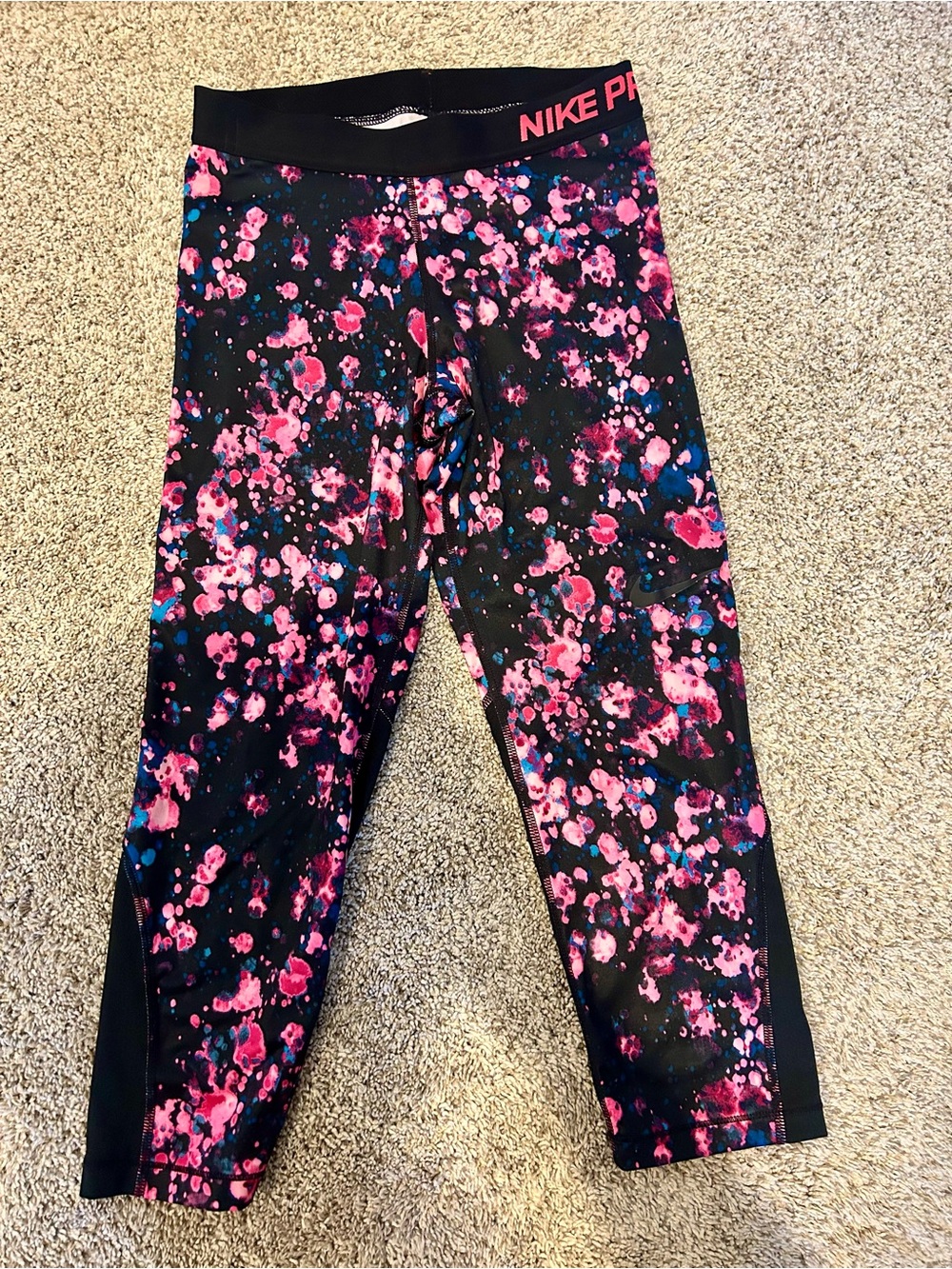 Nike women’s Black Leggings with Pink & Blue Splash Print